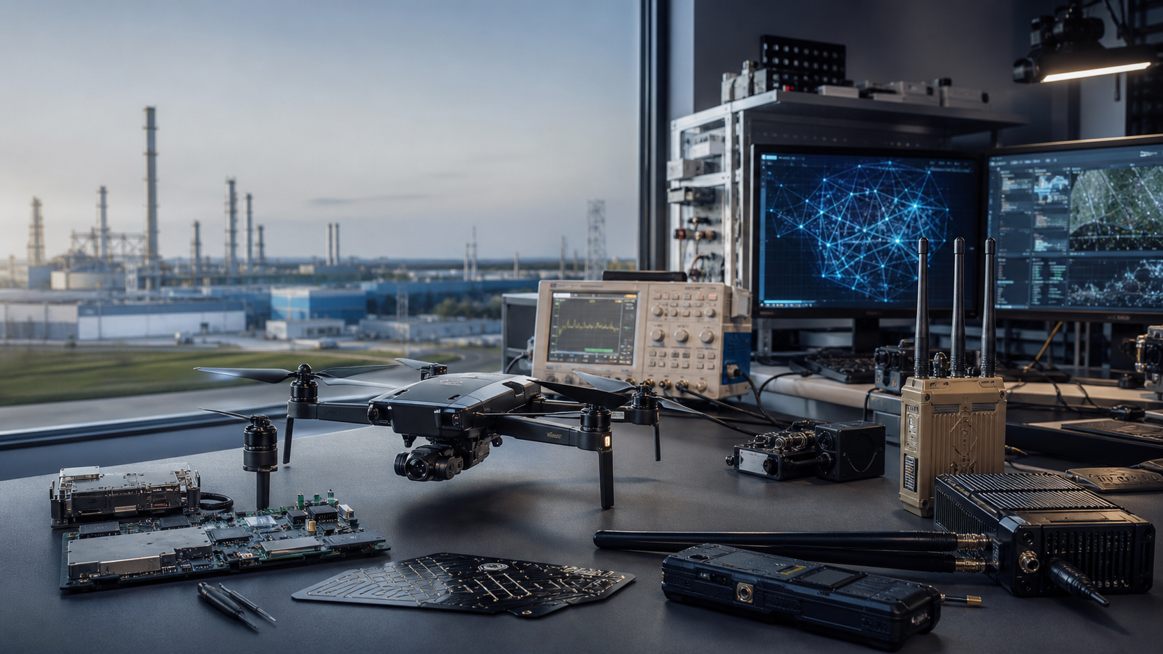 Stanowisko deep tech z dronem, elektroniką, sprzętem łączności i infrastrukturą przemysłową w tle